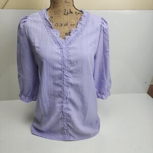 Women's Dressy Casual 3/4 Sleeve Lace Trim V-Neck Elbow Length Blouse Size M